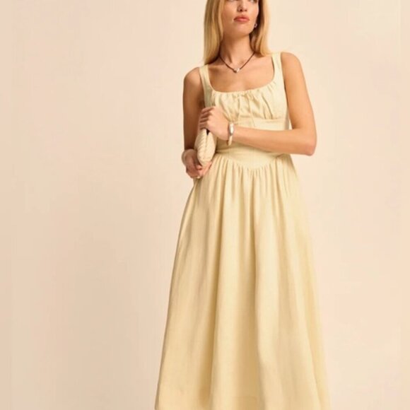NEW Reformation Balia Linen Midi Dress in Parmesan Light Yellow | US 0 UK 4 - Picture 2 of 16